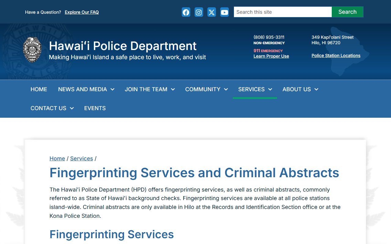 Hawaii County HPD fingerprinting and criminal abstracts for background check