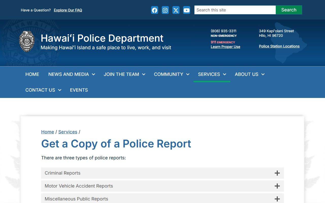 Hawaii County HPD police report request for background check