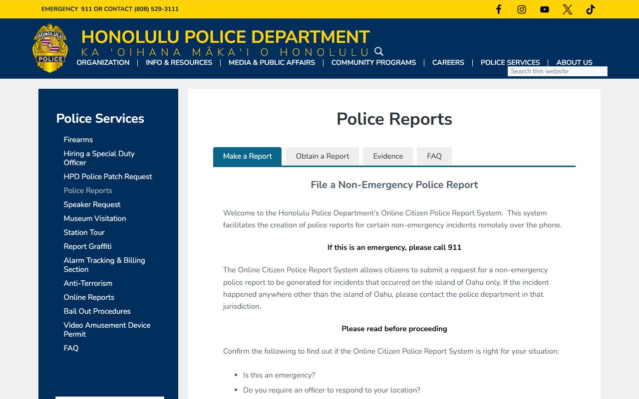Honolulu County HPD police reports for background check
