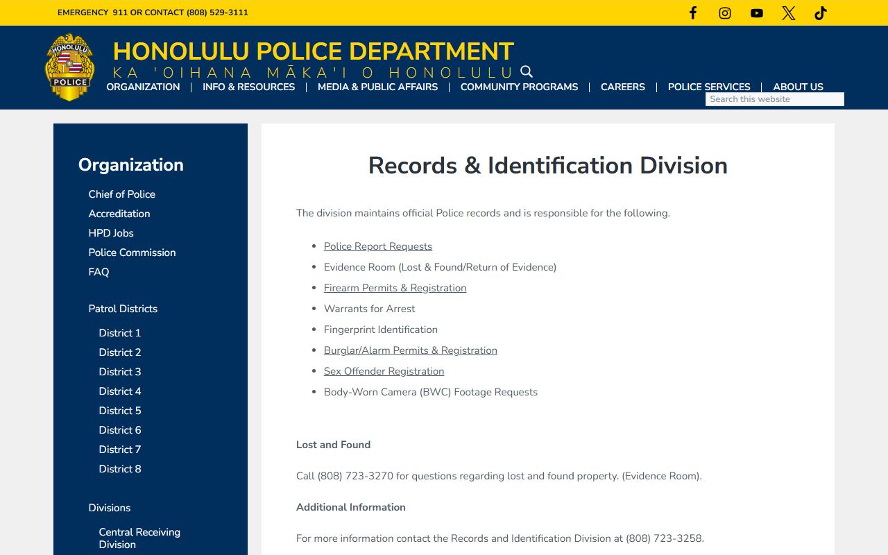 Honolulu County HPD Records Division for background check