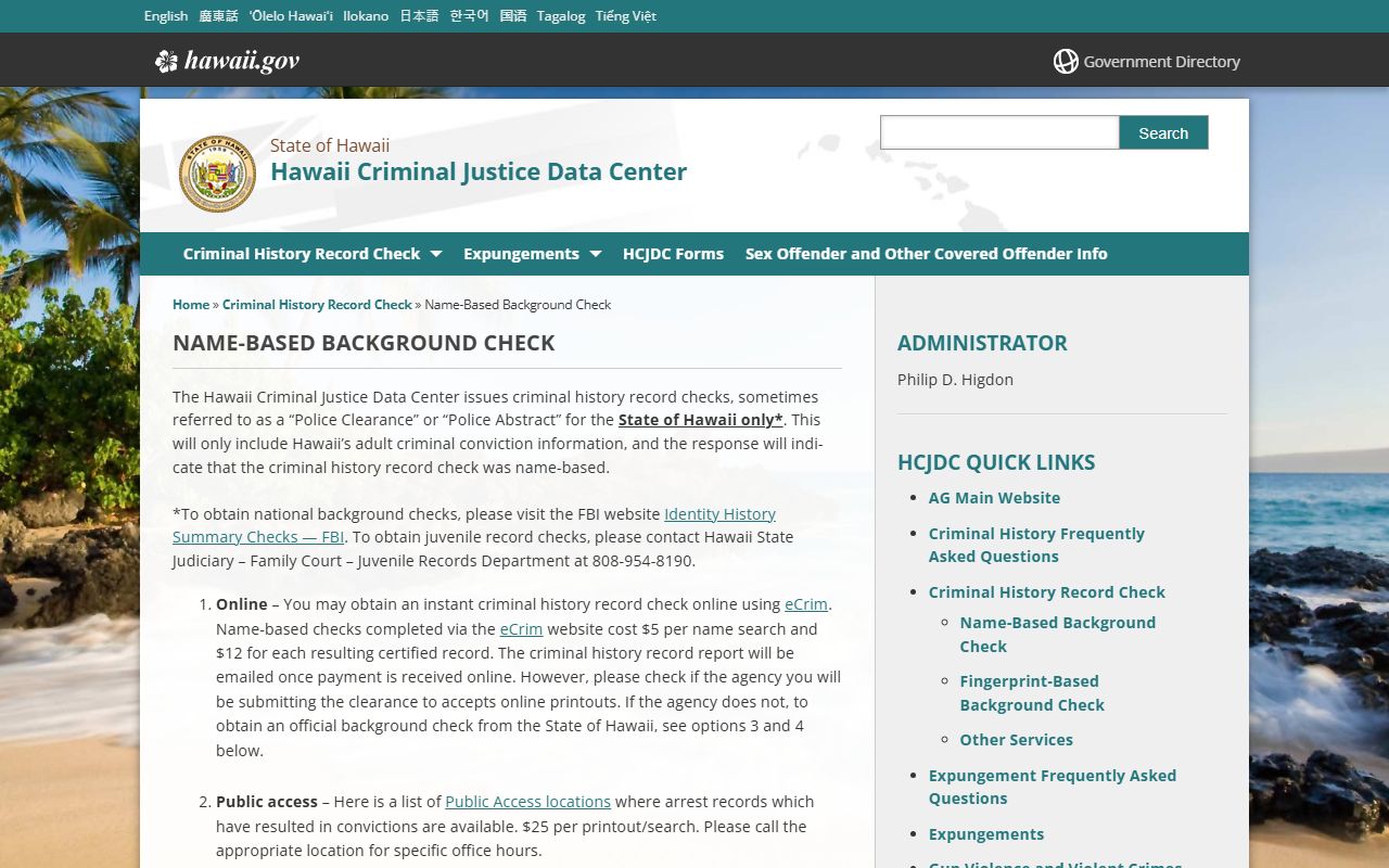 Hawaii name-based background check info